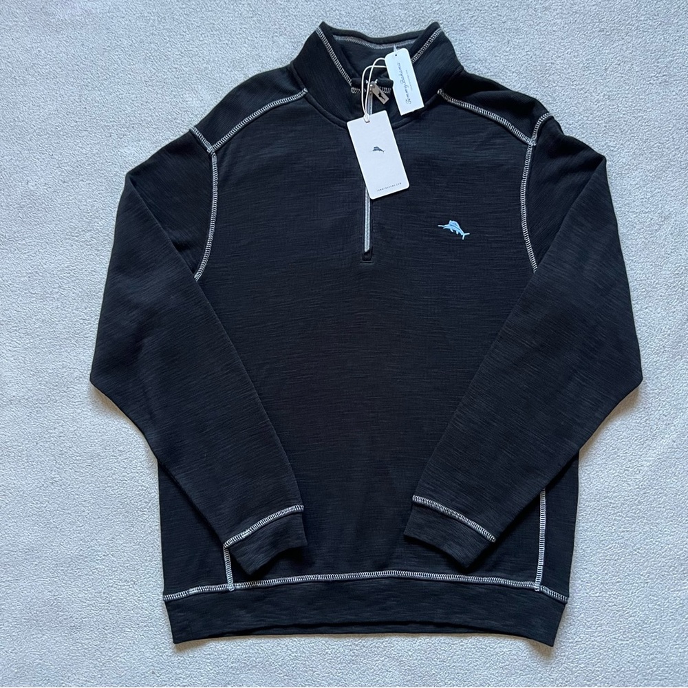 Tommy Bahama Sweater Mens Medium Black Half Zip Pullover Embroider Tobago Bay
